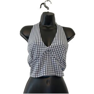 Saints 21 Halter Plaid Black Gray Crop Top V-Neck Sleeveless